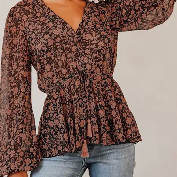 Lulus Tops - Lulu's She’s The Sweetest Black and Brown Floral Long Sleeve Sheer Blouse Size S